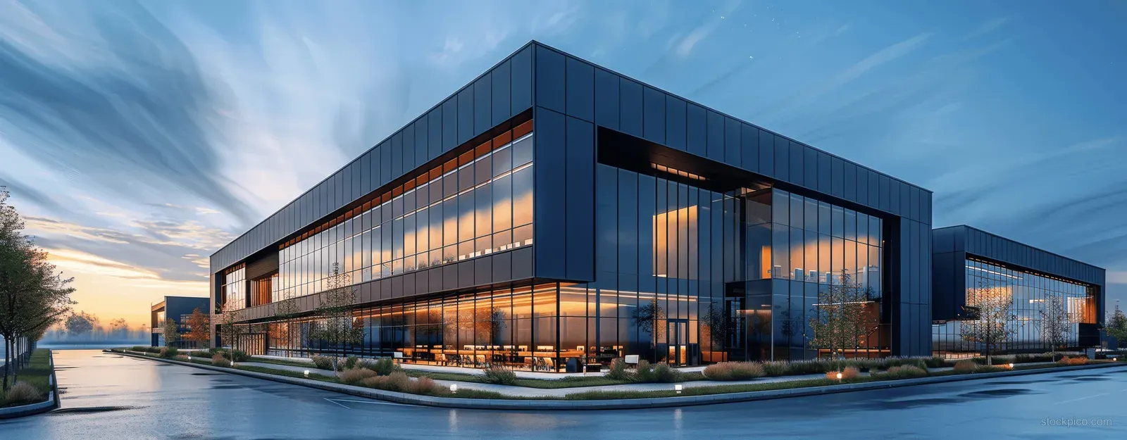 Blue-hour view of a glass facade industrial building with illuminated interior reflections and a quiet driveway.