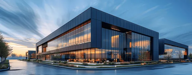 Blue-hour view of a glass facade industrial building with illuminated interior reflections and a quiet driveway.