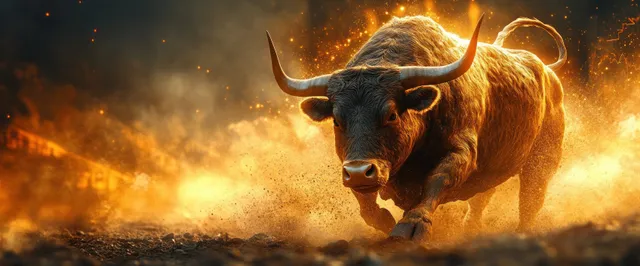 A golden bull charging forward through fiery dust with glowing chart-like overlays behind it.