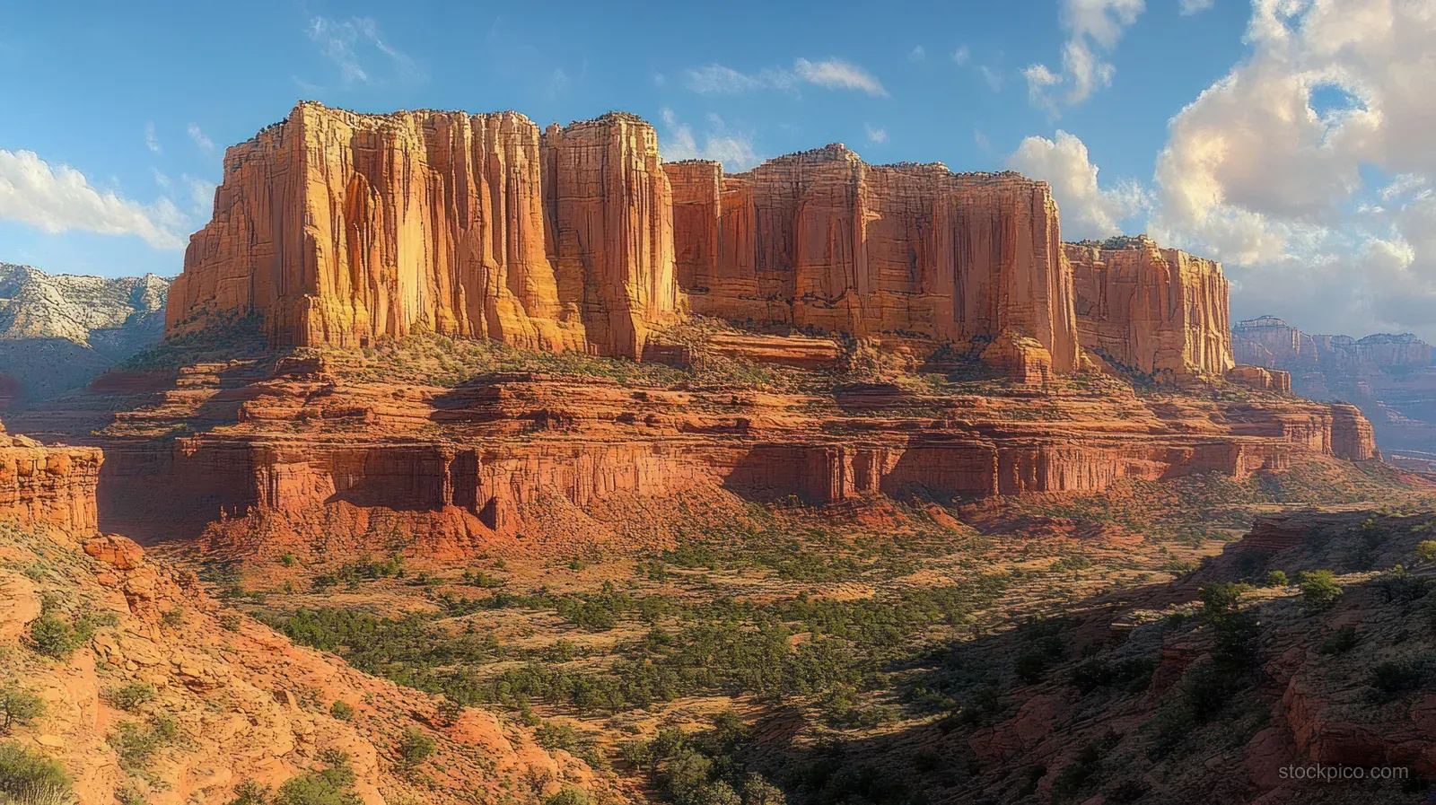 Sunlit red sandstone cliffs tower above a green valley beneath a partly cloudy blue sky.