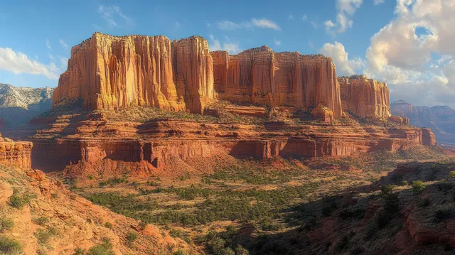 Sunlit red sandstone cliffs tower above a green valley beneath a partly cloudy blue sky.
