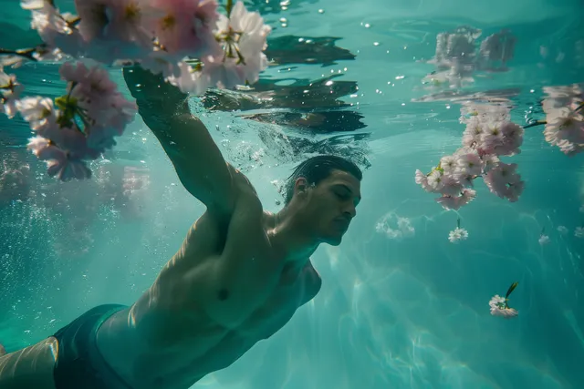 A male swimmer moves underwater in blue-green water as cherry blossoms float around him.