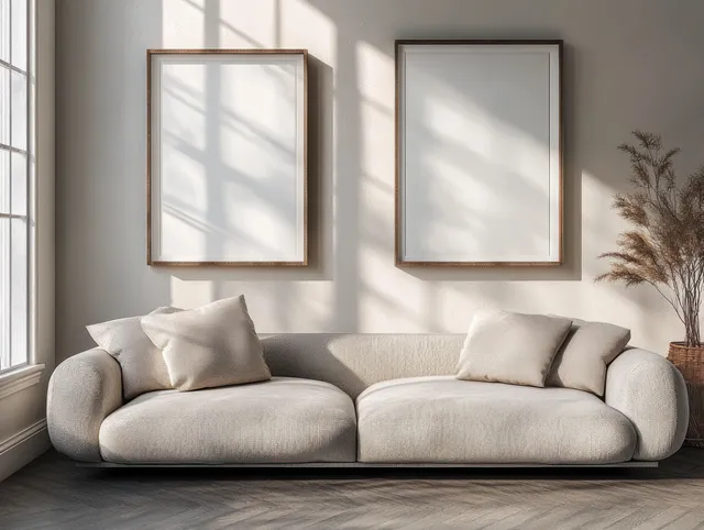 Gray sofa in a sunlit minimalist living room with two empty picture frames on the wall and window shadows.