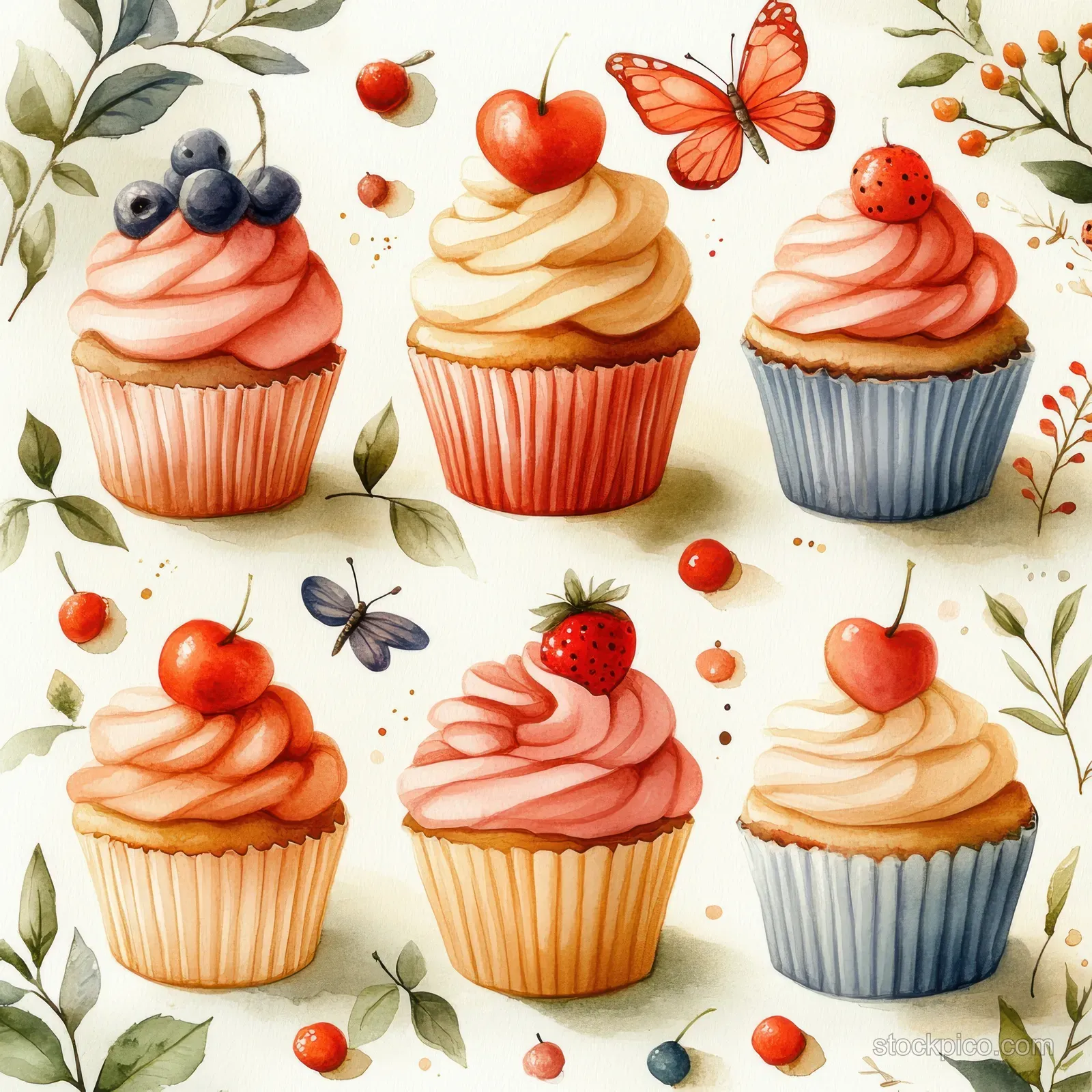Seamless watercolor pattern of cupcakes with rose swirls, butterflies, and scattered berries on a light floral background.