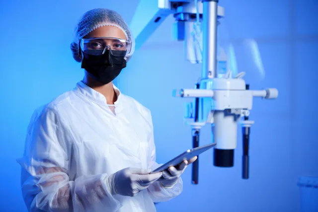 Masked scientist in a lab coat holds a tablet in a blue-lit laboratory beside microscope equipment.
