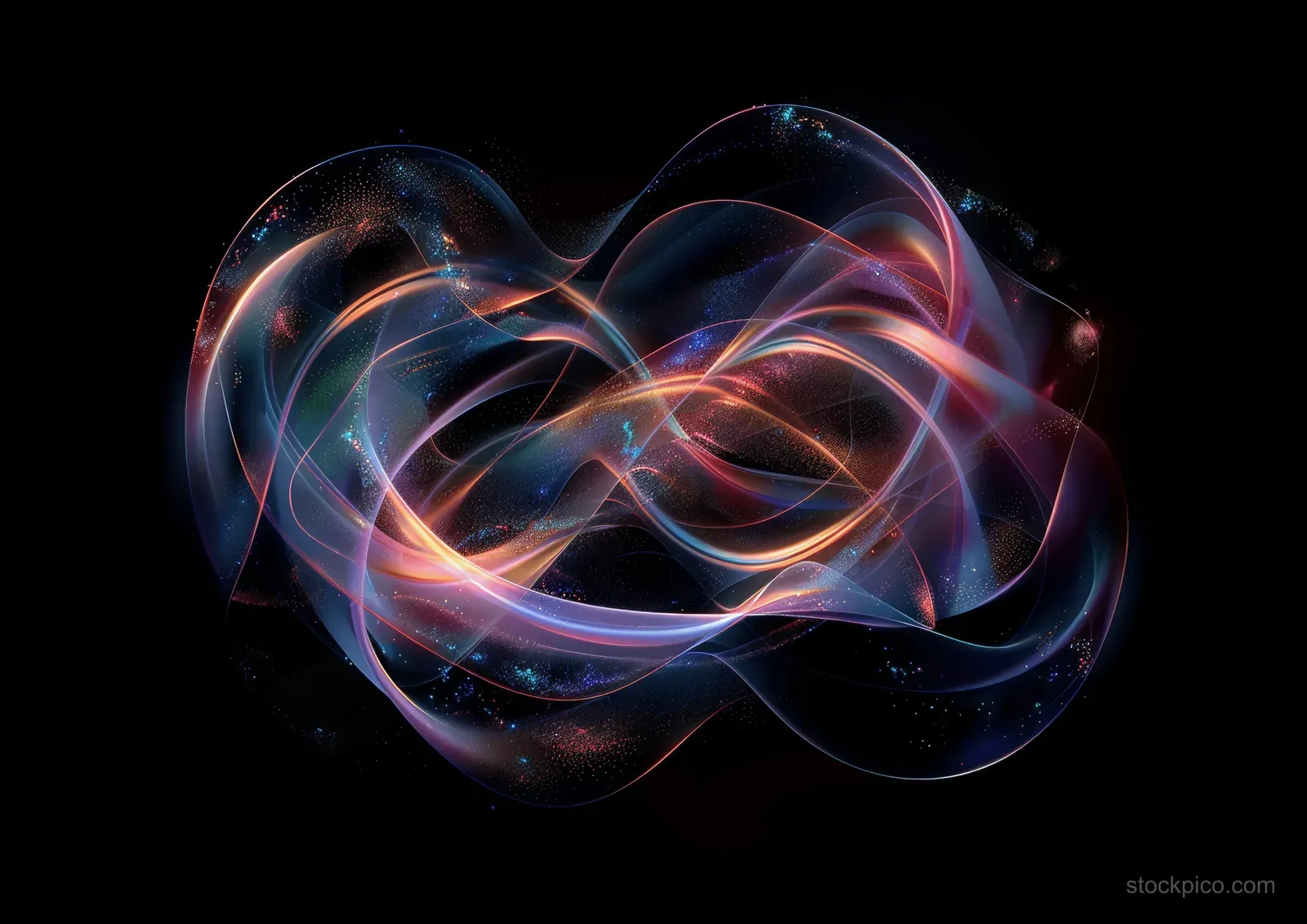 A glowing holographic 3D sphere with swirling gradient light lines floats on a black background.