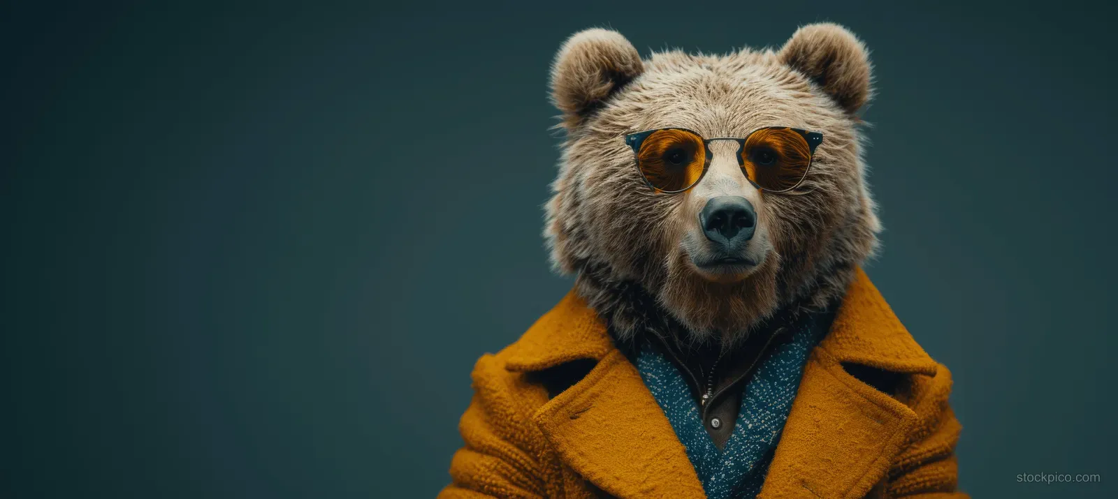 A grizzly bear in sunglasses and a green yellow suit looks toward the camera against a dark studio background.
