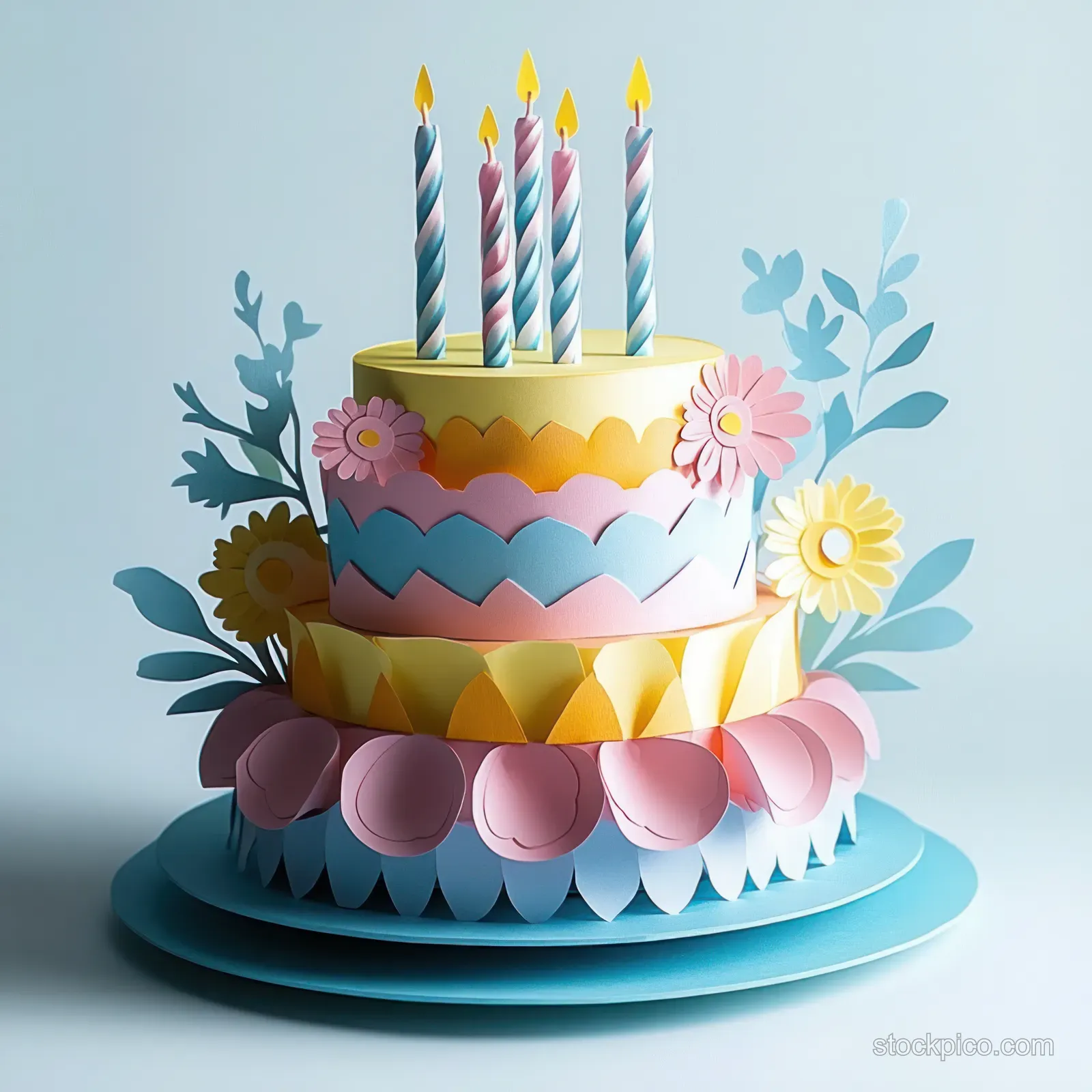 Three-tier paper cake on a blue round base with pastel paper flowers and five lit striped candles.