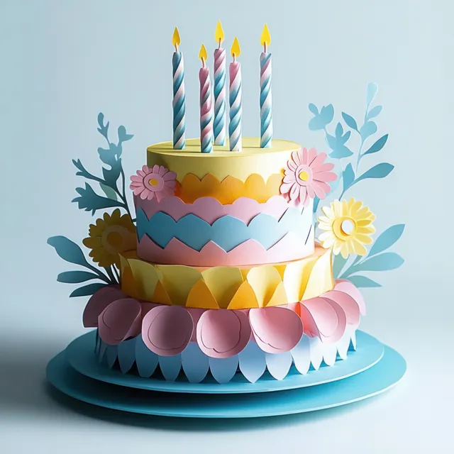Three-tier paper cake on a blue round base with pastel paper flowers and five lit striped candles.