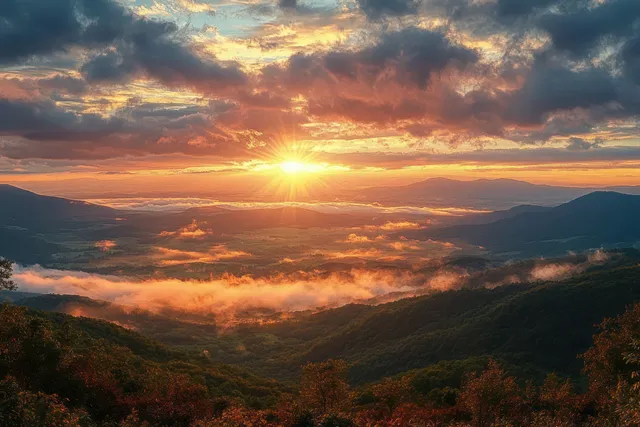 Golden sunrise illuminates misty green mountains and dramatic clouds over a distant valley.