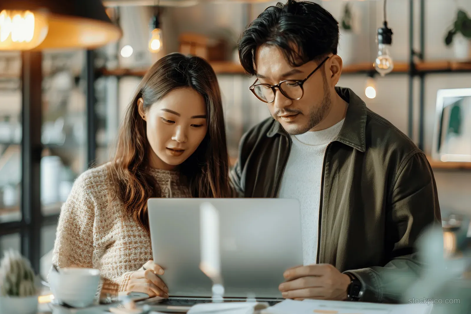 Two young coworkers look at a laptop together in a cozy office.
