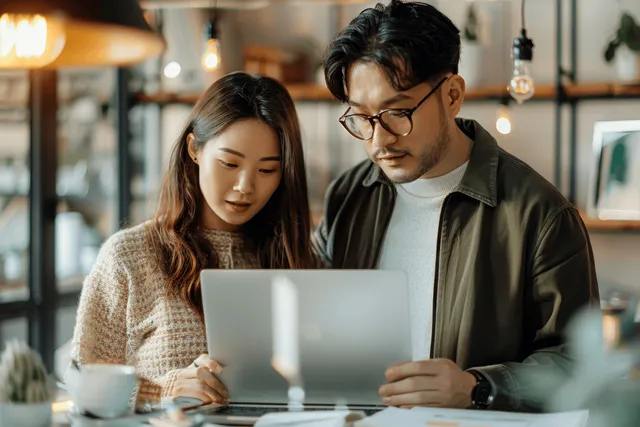 Young coworkers collaborating on a laptop in a cozy office