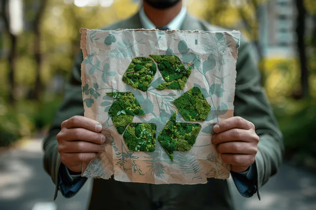 Businessman holding a recycling poster with green Earth icons while standing outdoors on a city street.