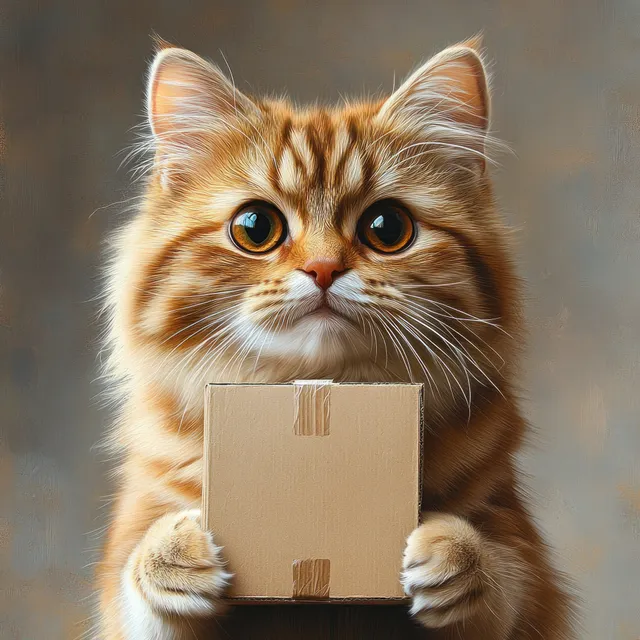 A fluffy orange tabby cat holds a small cardboard box with its paws against a neutral background.