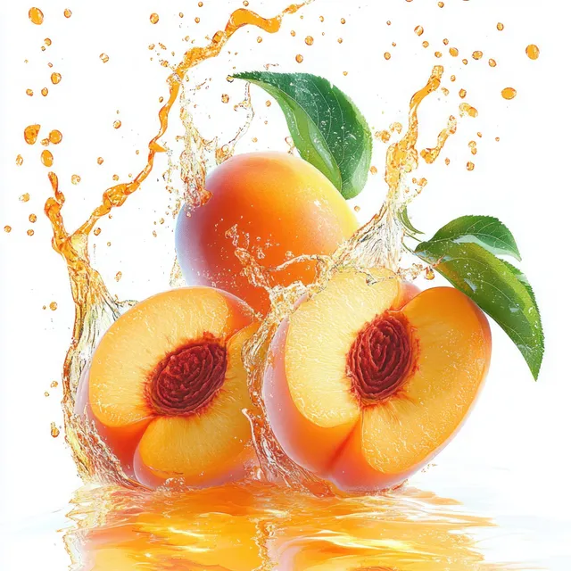 Peach juice splash with sliced peaches and green leaves, isolated on white background