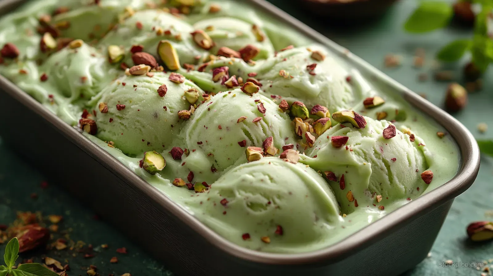 Pistachio gelato in a metal tray topped with chopped nuts and small crumbs.