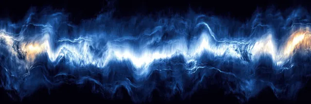 Blue and white wave energy field crackling across a dark cosmic background