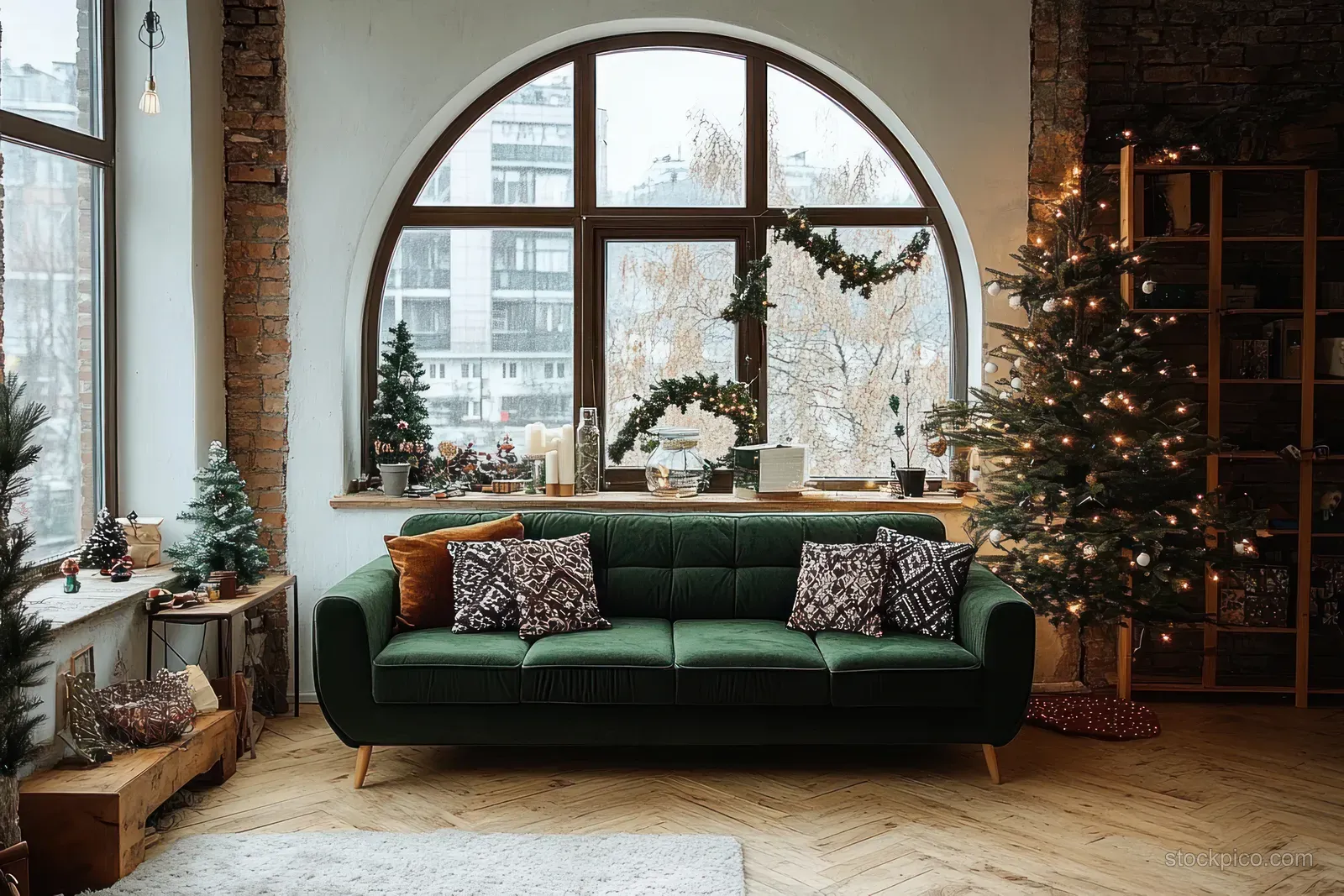 Rustic living room with a green sofa, Christmas tree lights, and a large arched window showing winter daylight.