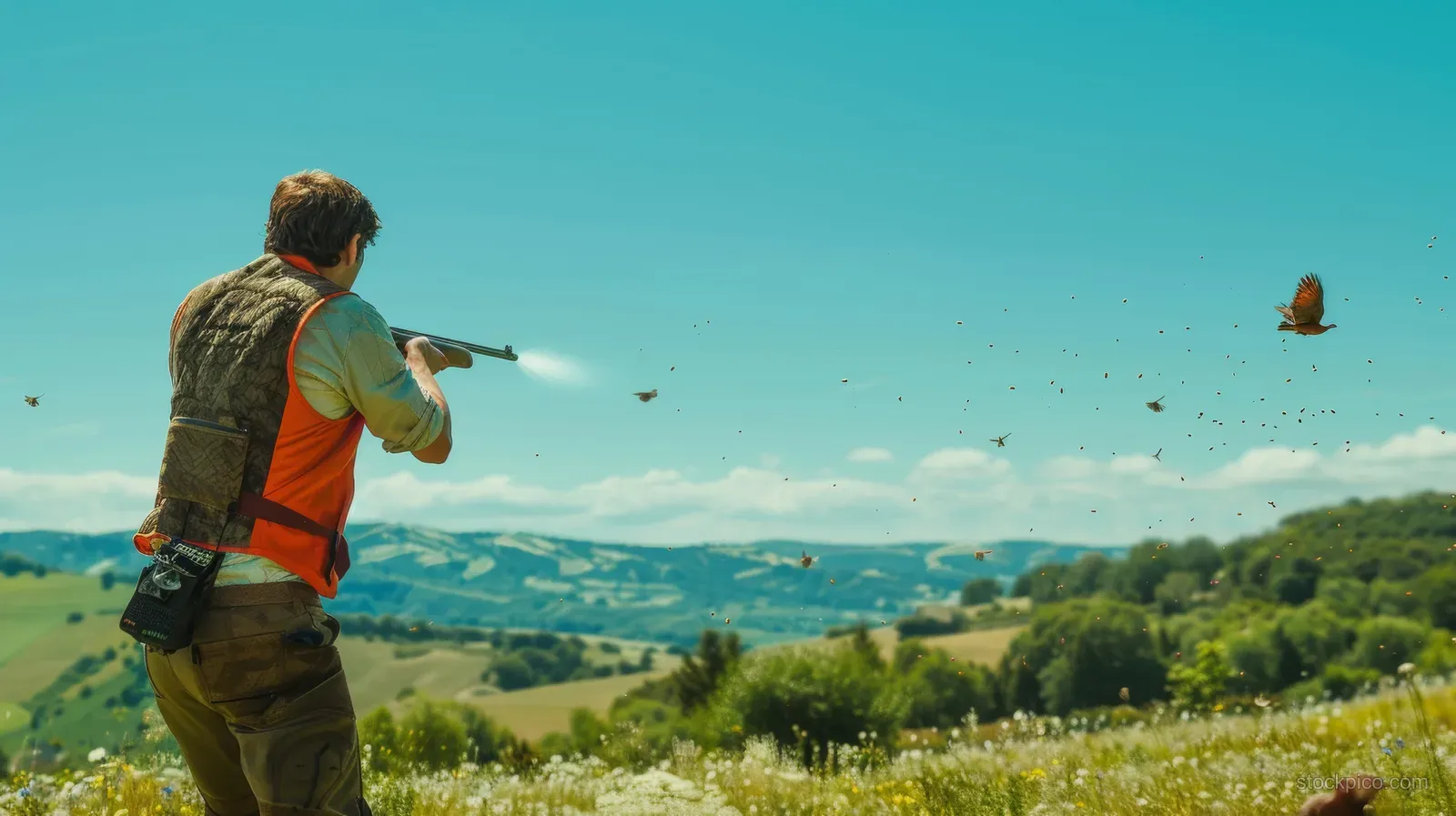 Athlete breaks clay targets during a trap shooting competition in the scenic French countryside under bright blue skies.