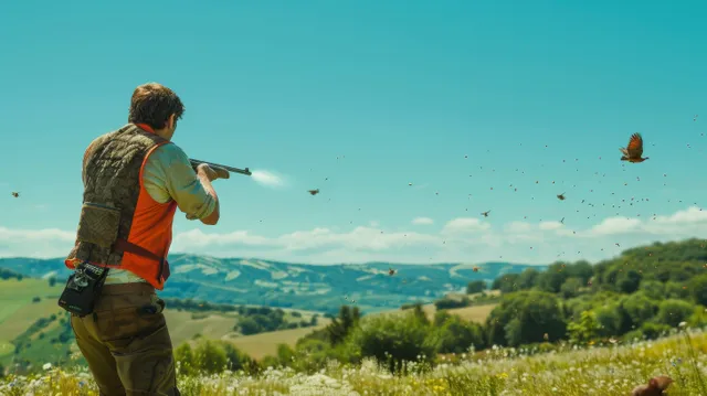 Athlete breaks clay targets during a trap shooting competition in the scenic French countryside under bright blue skies.