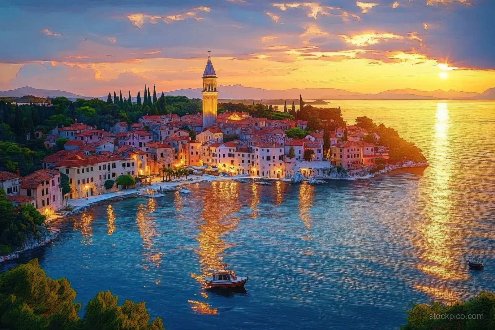 Aerial drone view of Rovinj’s coastal town at sunset with glowing buildings, church tower, and shimmering sea.