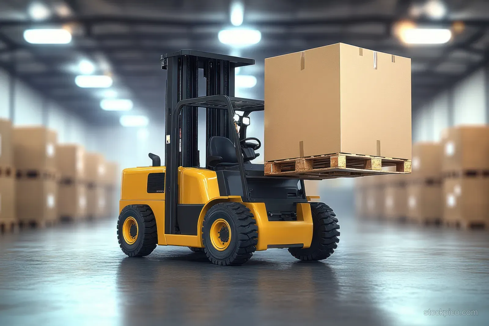 Yellow forklift lifting a cardboard box on a wooden pallet in a warehouse aisle with blurred boxes in the background.