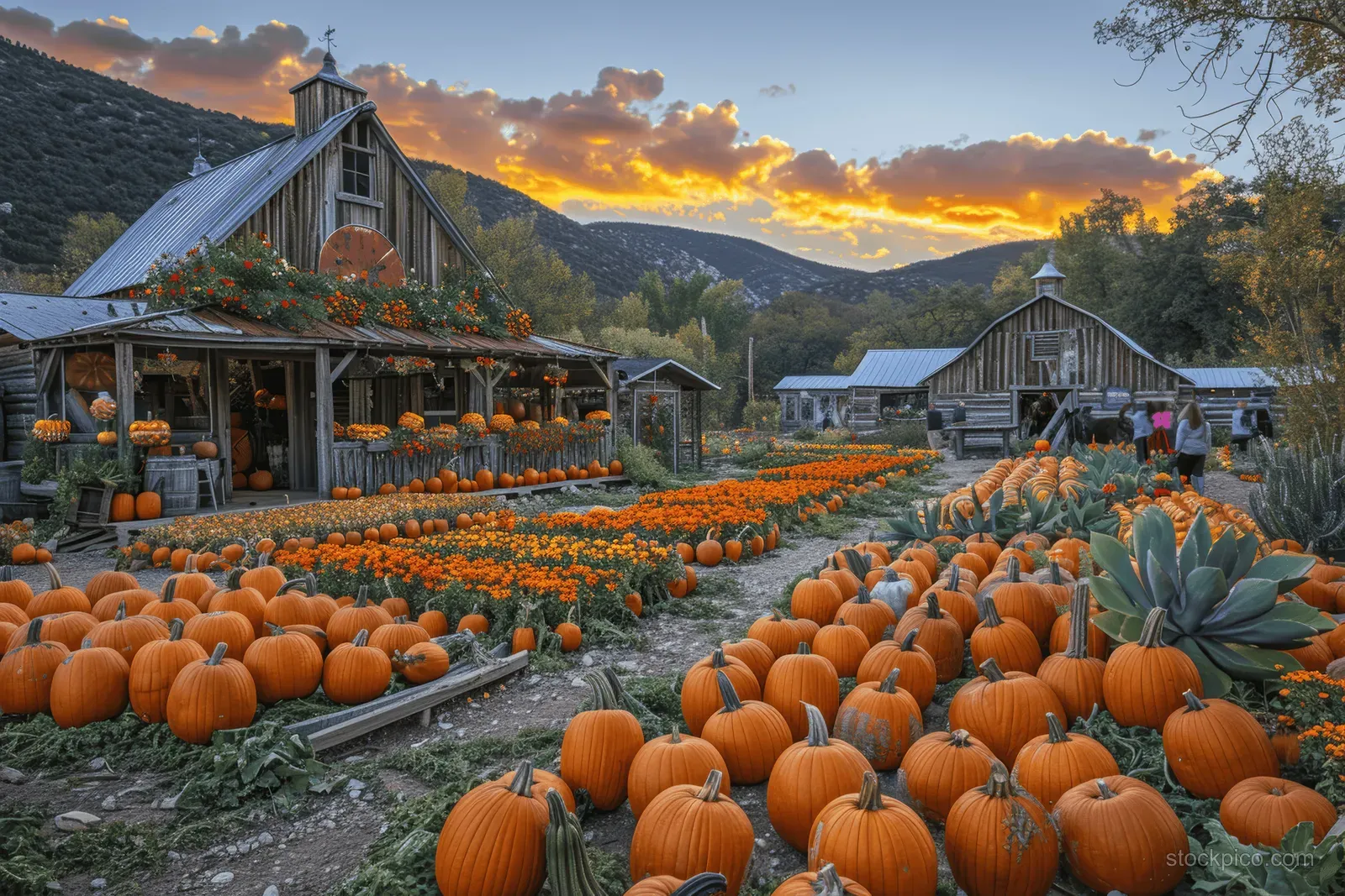 Sunrise scene shows rows of pumpkins in a farm market path beside a rustic barn and blooming flowers.