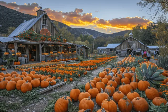 Sunrise scene shows rows of pumpkins in a farm market path beside a rustic barn and blooming flowers.