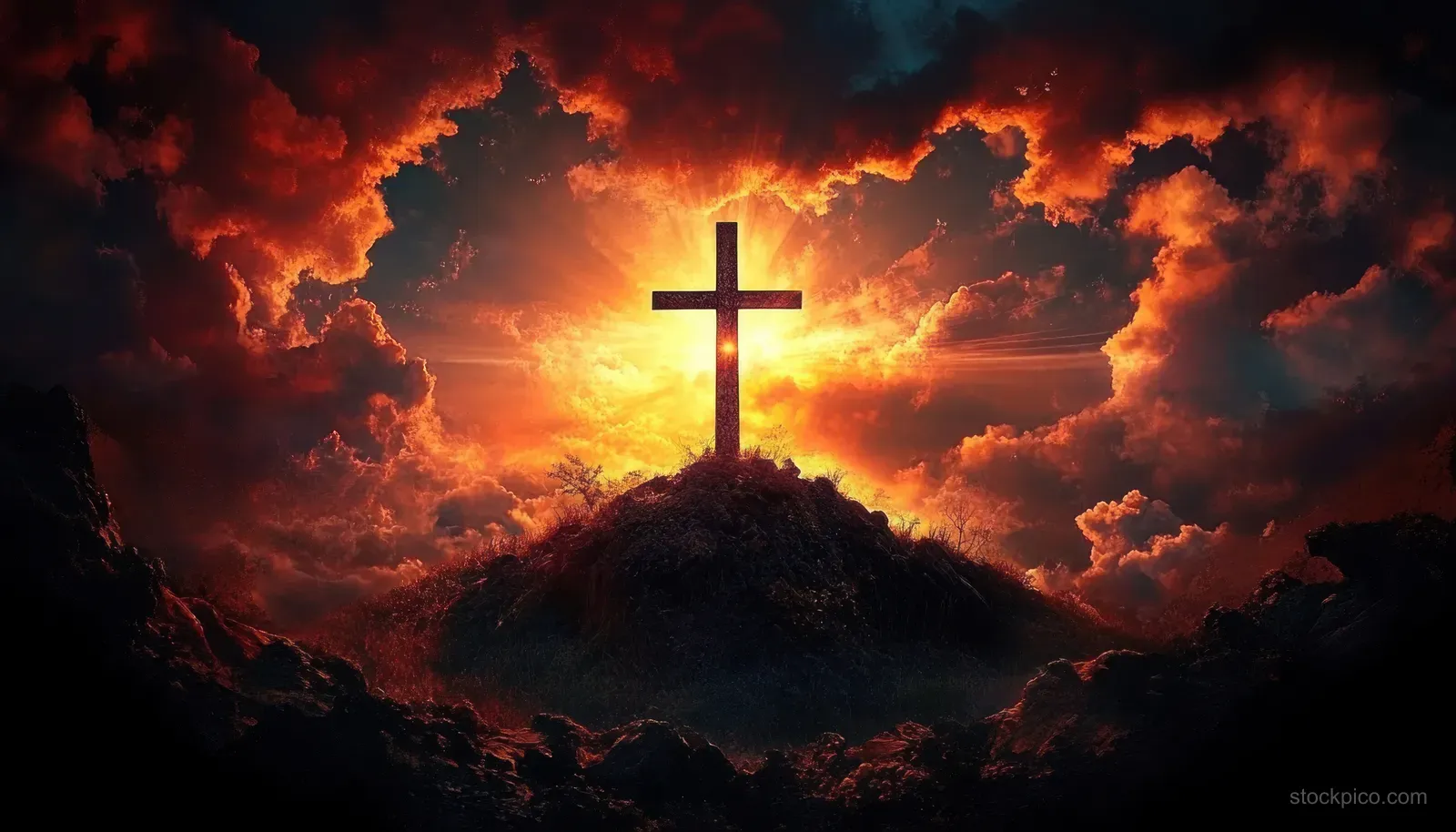 A glowing Christian cross stands on a dark hill as fiery sunset clouds surround it.