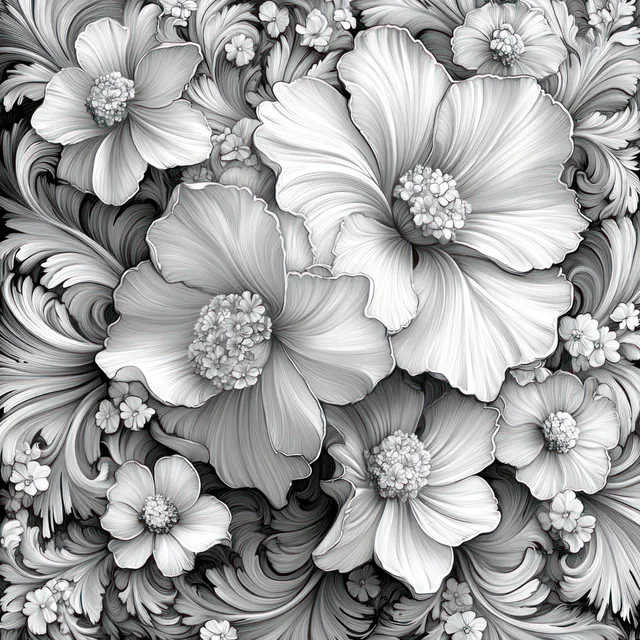Black-and-white seamless floral arabesque pattern with large blossoms and swirling ornamental curls.