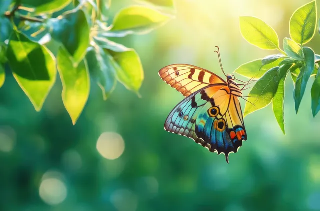 Colorful butterfly hovering among bright green leaves with warm sunlight and soft blurred background.