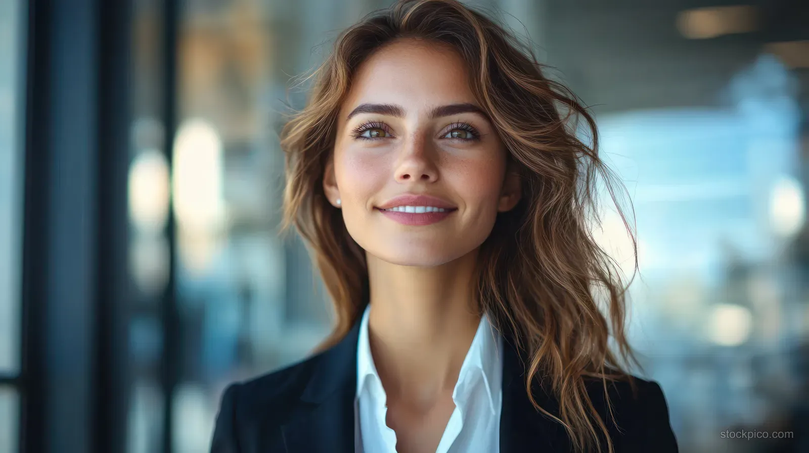 Smiling businesswoman in a blazer giving a thumbs-up while standing in a softly lit city with blurred background.