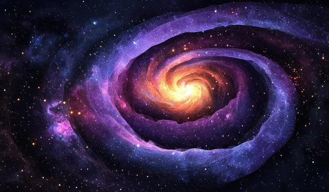 A spiral galaxy illustration with purple nebula rings and a glowing bright core surrounded by stardust.