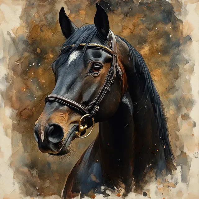 Watercolor portrait of a brown horse wearing a bridle against a dark smoky background.