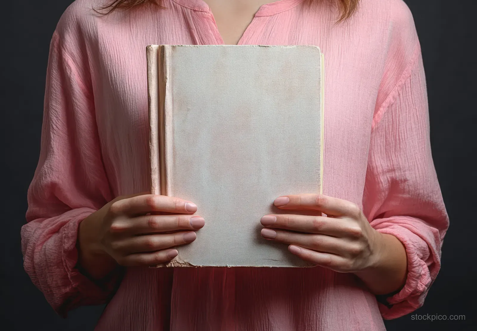 Person wearing a pastel pink shirt holds a closed book with both hands in soft studio light.