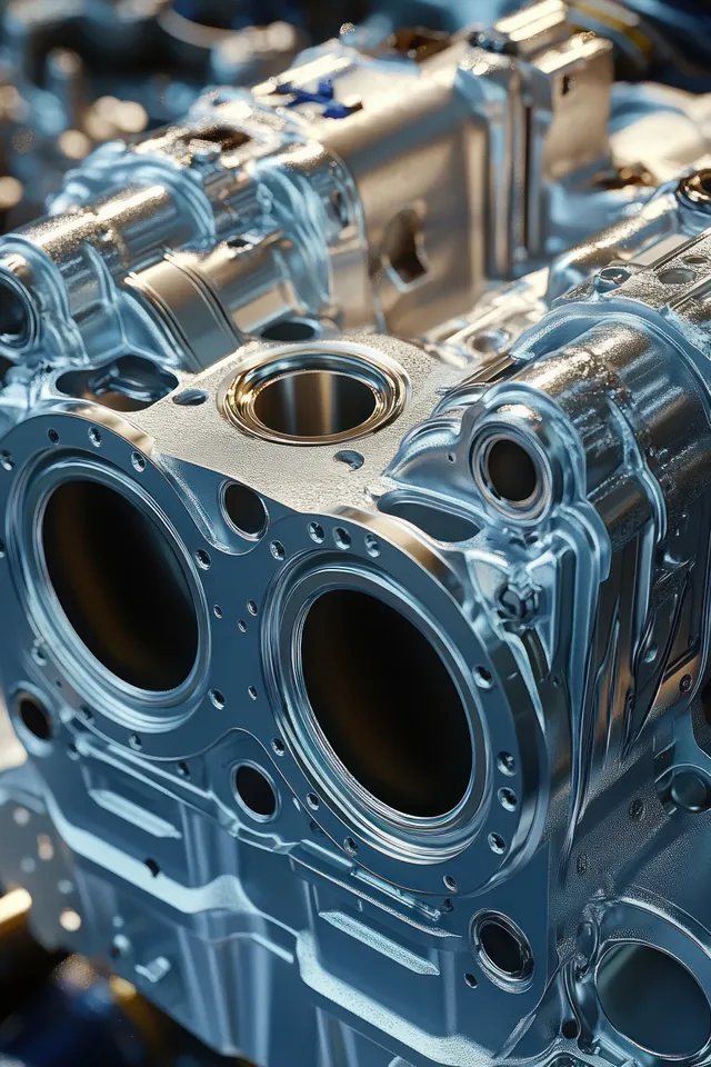 Close-up metallic engine block with cylinder bores and machined details on a factory bench