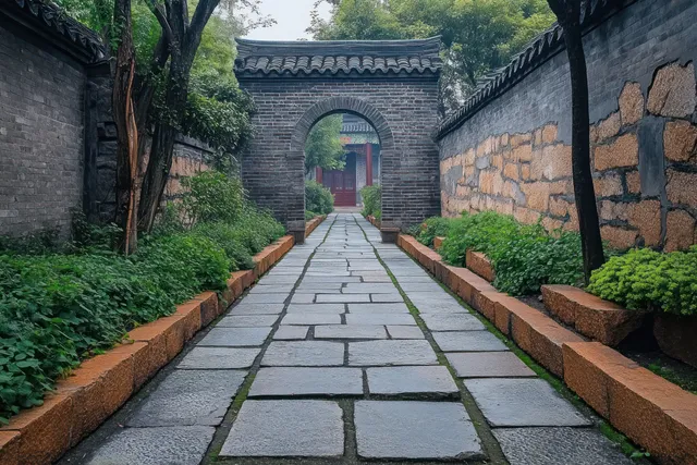 Stone walkway between old brick walls leads to a traditional arched doorway with greenery along the sides.