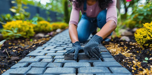 Black woman laying blue paver stones for a garden pathway, outdoor DIY setting
