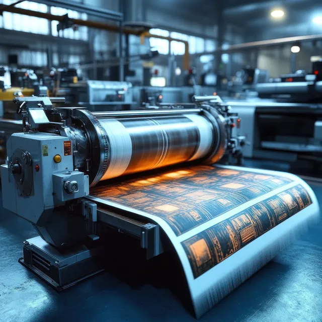 An industrial printing machine rolls blue-inked paper through metal rollers inside a modern factory.