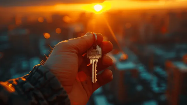 A person’s hand holds real estate keys with a bright sunset city skyline blurred behind.