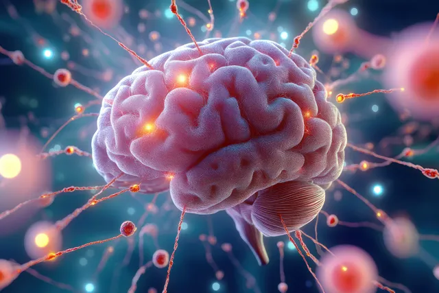 A glowing 3D brain is surrounded by neural connections and synapse sparks against a dark background.