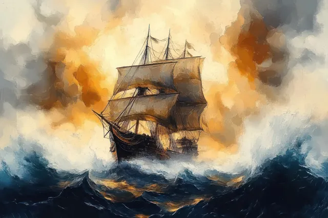 Historic wooden sailing ship with full sails surges through rough ocean waves under orange and gray storm clouds.