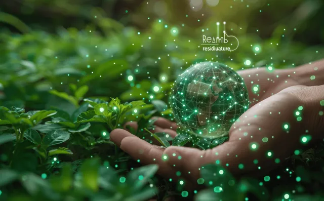 Hands cradle a glowing earth globe with recycle icons over lush green forest foliage.