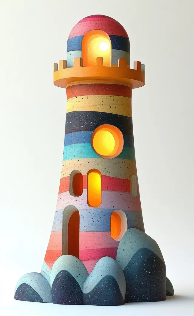 A whimsical striped lighthouse tower with a glowing window and wave-shaped base stands indoors against a plain background.