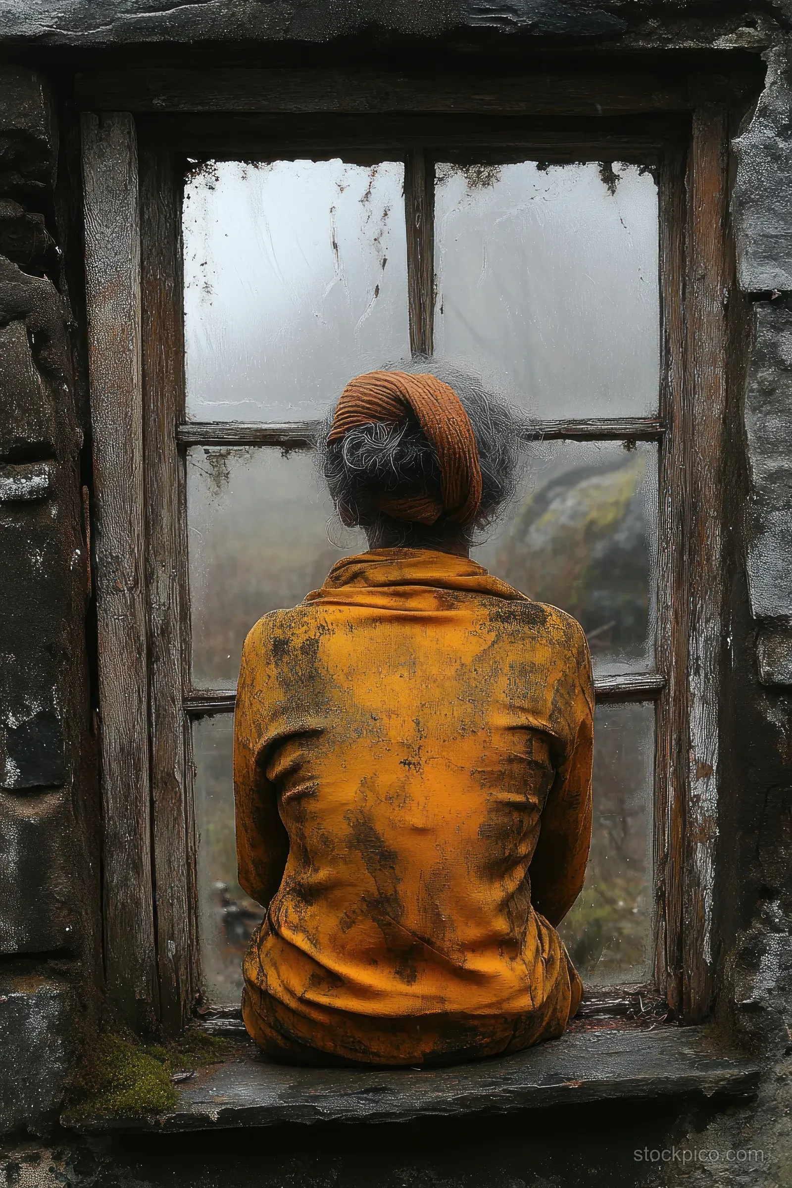 An elderly woman sits facing a cracked, weathered window with muted daylight and shadowy textures around her.