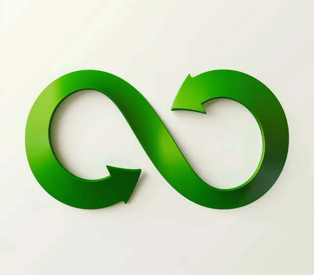 Green recycling loop icon with arrows forming a continuous circular cycle on cream background