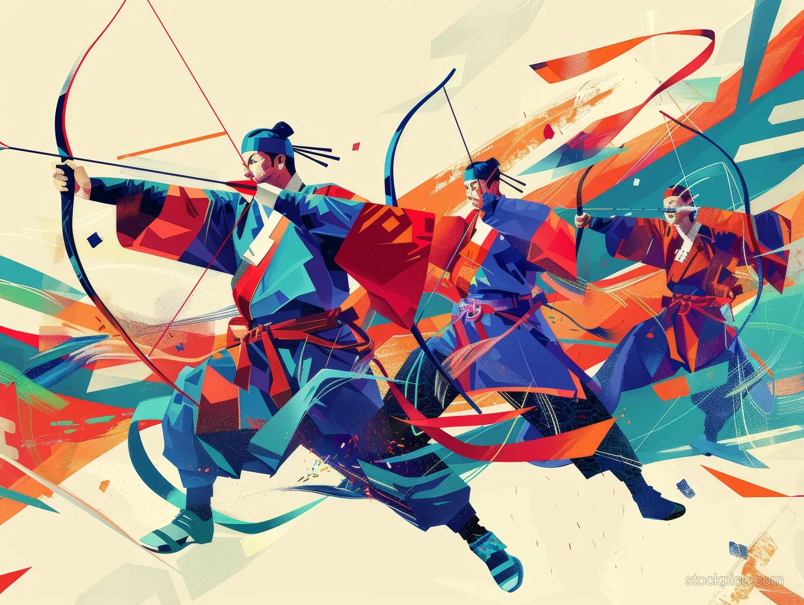 South Korean male archers in motion, depicted with geometric splashes and an abstract bow and arrow scene.