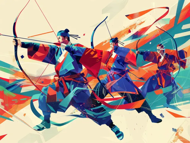 South Korean men’s archery team launching arrows amid geometric abstract paint splashes
