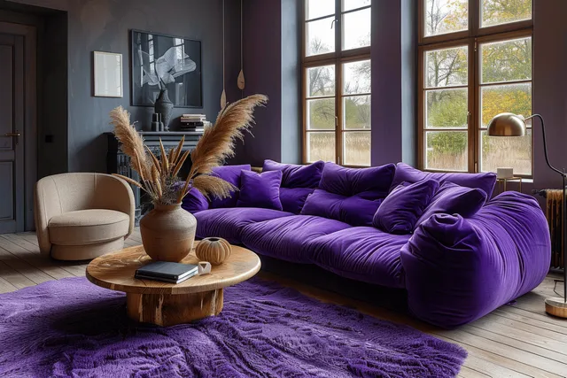 Purple velvet sectional sofa with a round coffee table in a bright living room beside tall grid windows.