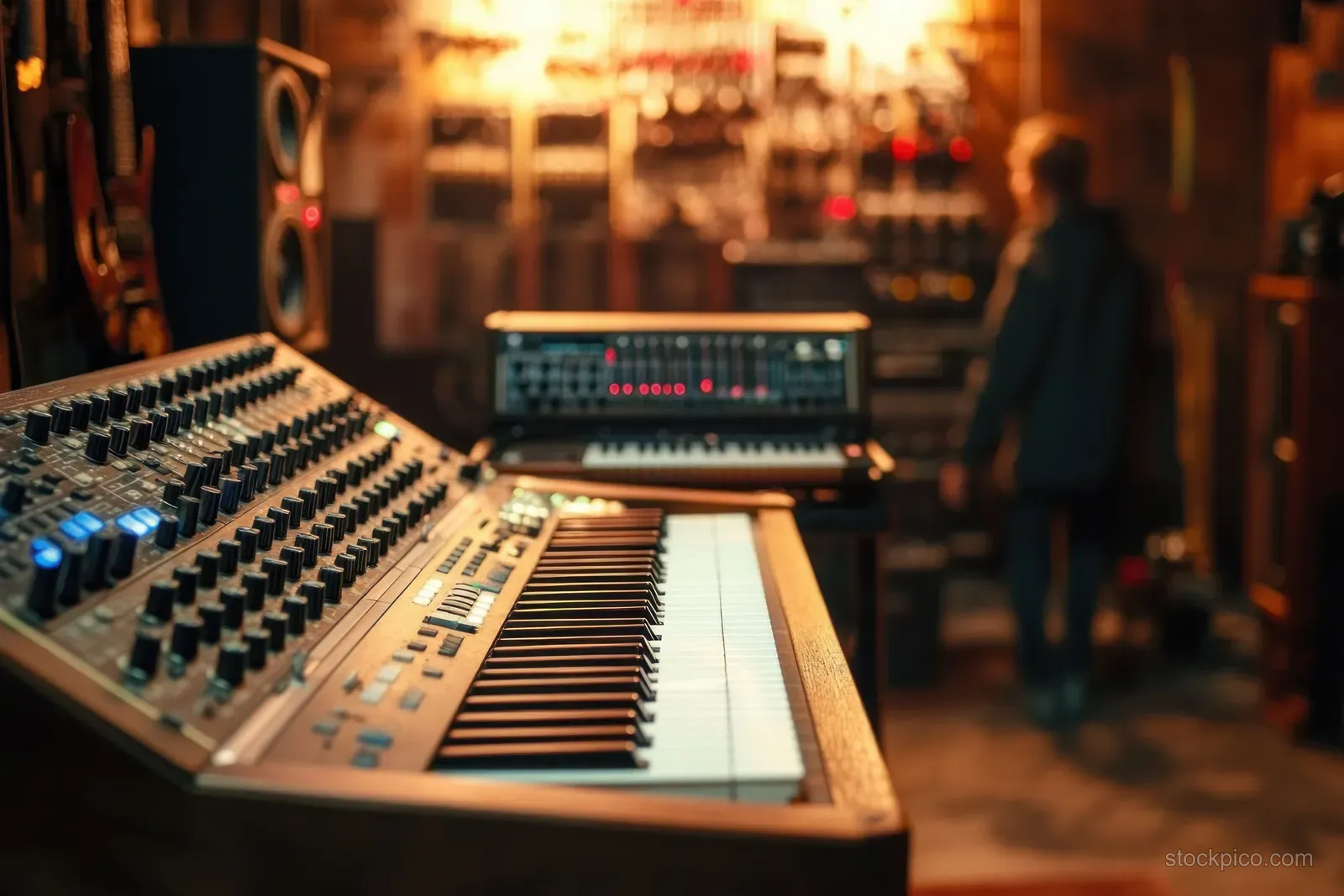 Warm Studio Close-Up of Electronic Synthesizers and Music Production Gear
